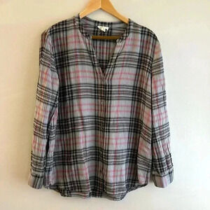 Soft Joie Womens Long Sleeve Plaid Button Front Gray Pink Black Top Size M